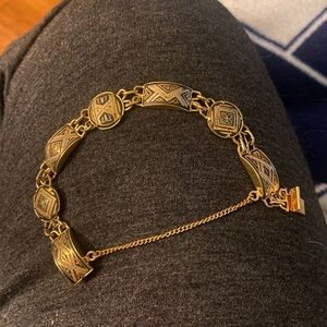 Vintage Toledo Damascene Style Curved Panel Bracelet With Safety Chain
